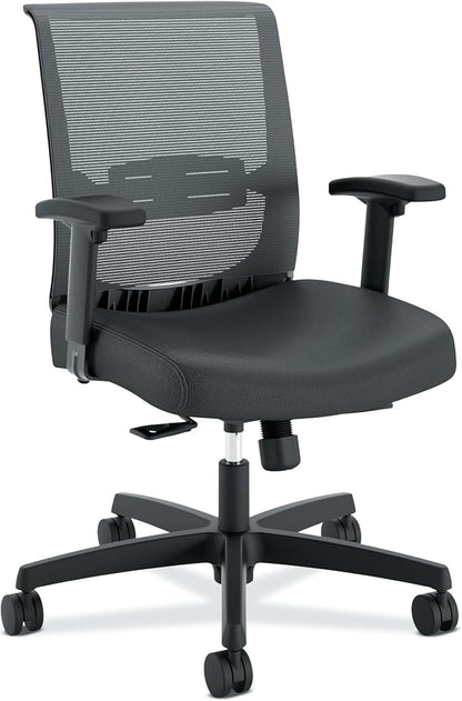HON Convergence Ergonomic Office Chair with Mesh Back, Vinyl Seat Cushion, Adjustable Arms, Lumbar Support, Synchro‑Tilt Swivel Desk Chair with Wheels for Home Office, Black Frame, Black