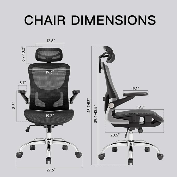 marrap Ergonomic Office Chair, Mesh Desk Chair with 3D Armrests, Adjustable Lumbar Support and Headrest, 90-120° Rocking Function, Black