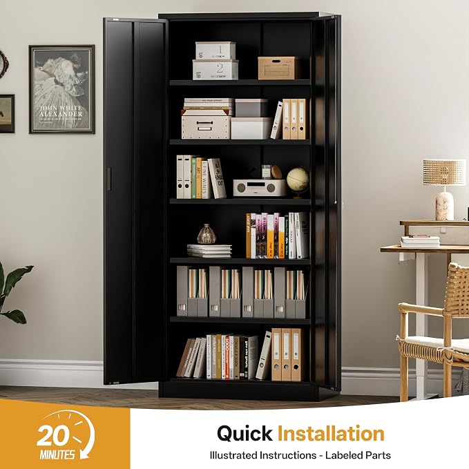 Metal Garage Storage Cabinets,71” Tall Metal Storage Cabinet with Lock and 5 Adjustable Shelves, Locking Cabinets for Office, Home, Garage, Warehouse 71" H x 32" W x 16" D (Black)