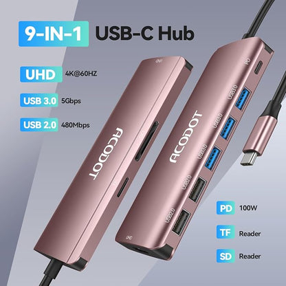 USB C Hub, 9-in-1 Multi-Port USB Adapter, 4K@60Hz HDMI, 100W Max PD, 3 USB3.0(5Gbps) + 2 USB2.0 Data Ports, SD/TF Card Reader for MacBook, iPad Pro, Dell, HP, Lenovo, Windows Laptop, Rose Gold