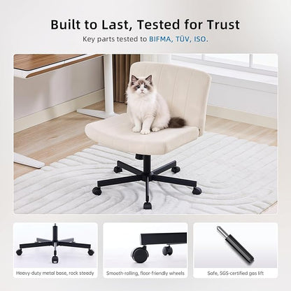 amseatec Criss Cross Chair, Wide Cross Legged Desk Chair with Wheels, Comfy Fabric Vanity Chair for Home Office, Adjustable Armless Swivel Task Chair with 90–115°Tilt（300Lbs/Beige）