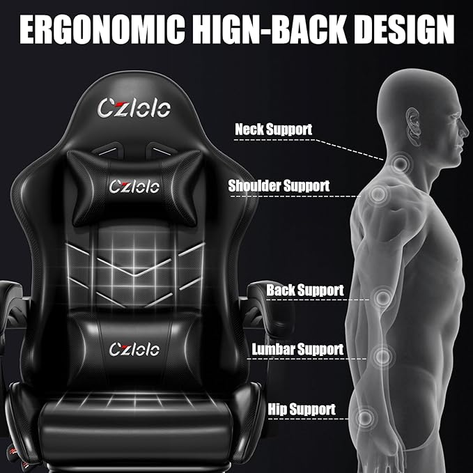 Czlolo Gaming Chair, Ergonomic Office Computer Chair with Footrest and Lumbar Support Massager Racing Style High Back Video Gamer Chair, Wide＆Thick Cushion, 90°-135° Recline, Adjustable Height, Black