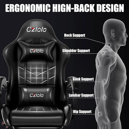 Czlolo Gaming Chair, Ergonomic Office Computer Chair with Footrest and Lumbar Support Massager Racing Style High Back Video Gamer Chair, Wide＆Thick Cushion, 90°-135° Recline, Adjustable Height, Black