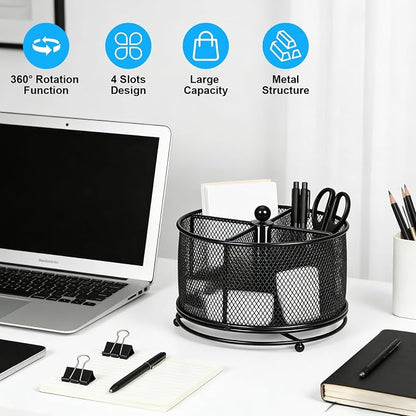 360°Rotating Desk Organizer, Pen Holder for Desk with 4 Compartments, Silverware Organizer for Kitchen Counter,Vanity Makeup Brush Stand, Multi-Functional Pencil Holder for Supplies