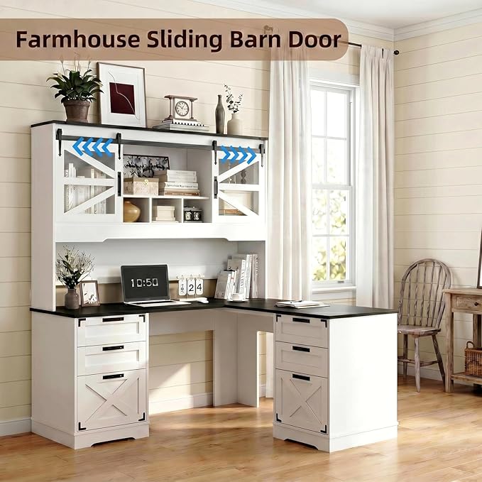 VOWNER Farmhouse L Shaped Executive Desk with Hutch and 6 Drawer, 57" Home Office Desk with Power Outlet and 2 File Drawers, Corner Computer Desk with Storage Shelves and Sliding Door for Home Office