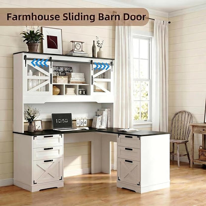 VOWNER Farmhouse L Shaped Executive Desk with Hutch and 6 Drawer, 57" Home Office Desk with Power Outlet and 2 File Drawers, Corner Computer Desk with Storage Shelves and Sliding Door for Home Office