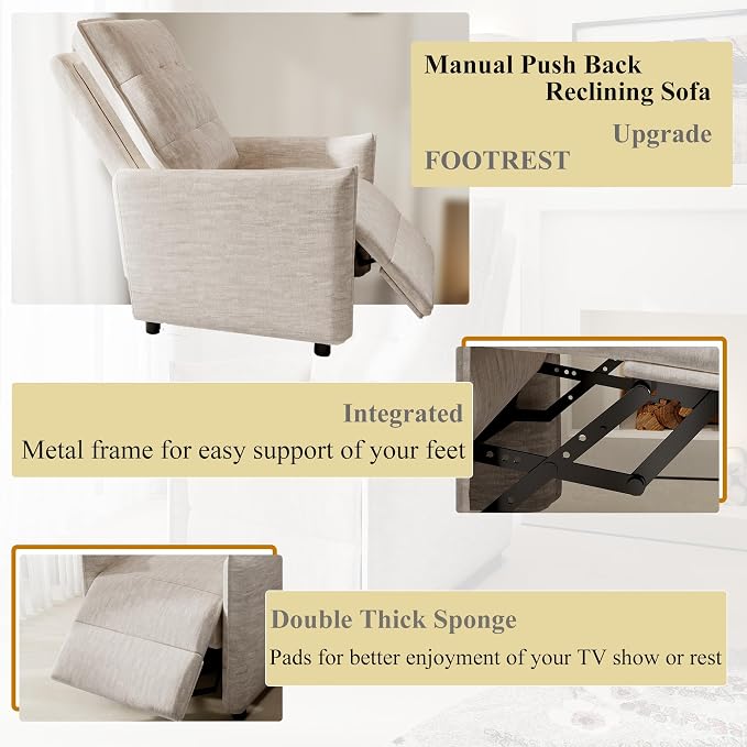 Recliner Chair for Women, Small Recliners for Small Spaces with High Back, Manual Push Back Nursery Chair Overstuffed High-Density Foam for Nursing Bedroom Living Room (Beige)