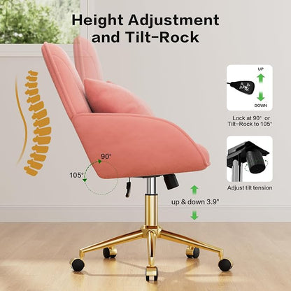 Home Office Desk Chair Comfy with Adjustable Swivel Wheels, Modern Velvet Makeup Vanity Chair with Back & Pillow, Ergonomic Office Chair Computer Task Chair for Living Room, Bedroom, Coral Red