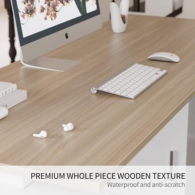 FEZIBO L Shaped Standing Desk, 63 inch Executive Standing Desk, Adjustable Height Desk with Storage Drawers for Home Office, Light Wood Grainy