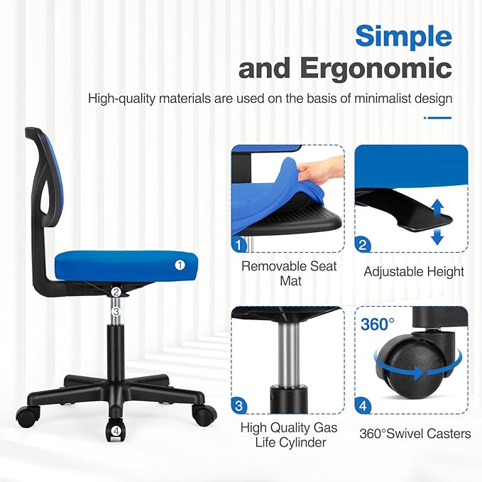 Sweetcrispy Ergonomic Low-Back Mesh Small Office Chair, Rolling Work Swivel Chairs with Wheels, Armless Comfortable Seat Lumbar Support for Home, Bedroom, Study, Student, Adults, Blue