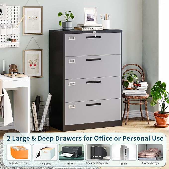 MIIIKO 4 Drawer Lateral Filing Cabinet with Lock, Metal File Cabinet 35.4" Wide, Home Office Locking Filing Cabinets for Legal Letter File Folders…