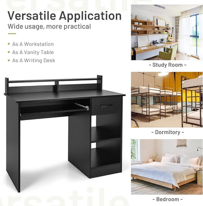 Tangkula Computer Desk with Drawer & Keyboard Tray, 22 Inch Wide Modern Study Writing Desk with Desktop Hutch & Storage Shelves, Home Office Desk for Kids, Wood PC Laptop Desk, Desk for Bedroom