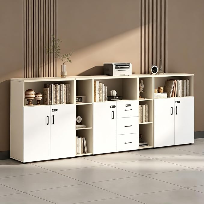 File Cabinet with Password Lock, Wood Lateral Filing Cabinet for Letter/A4 Files, 3 Drawer with Door, Printer Stand with Open Shelves for Home Office