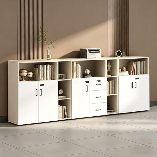 File Cabinet with Password Lock, Wood Lateral Filing Cabinet for Letter/A4 Files, 3 Drawer with Door, Printer Stand with Open Shelves for Home Office