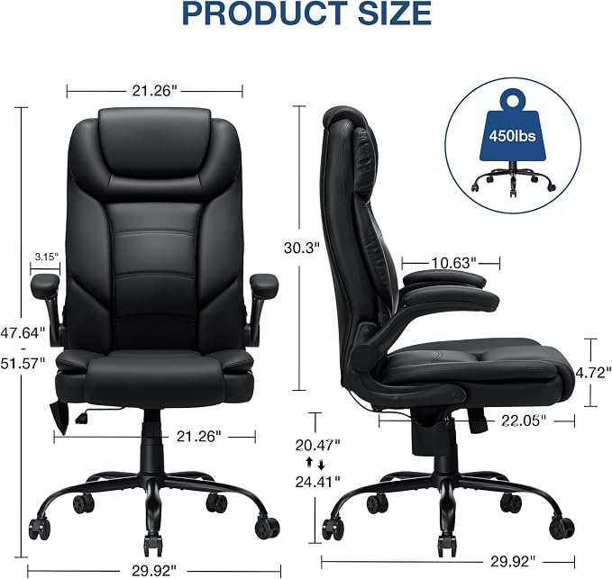 Executive Office Chair Big and Tall 450lbs Heavy Duty Office Chair with Adjustable Lumbar Support High Back Ergonomic Home Computer Leather Chair with Padded Flip-up Arms for Heavy People,Black