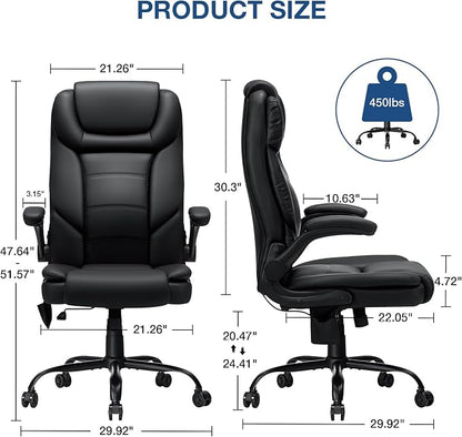 Executive Office Chair Big and Tall 450lbs Heavy Duty Office Chair with Adjustable Lumbar Support High Back Ergonomic Home Computer Leather Chair with Padded Flip-up Arms for Heavy People,Black