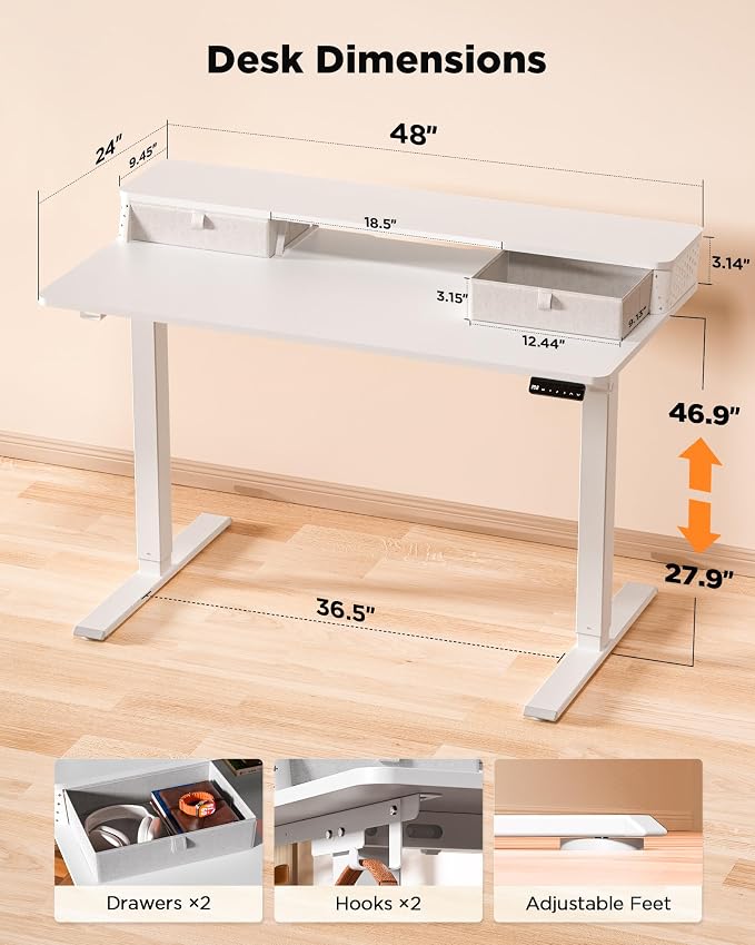 FiCiHi 48x24 Inch Standing Desk with Drawers, C-Clamp Mount Compatible, Electric Adjustable Height Computer Stand Up Desks, Home Office Sit Stand Table with 3 Preset Heights, White