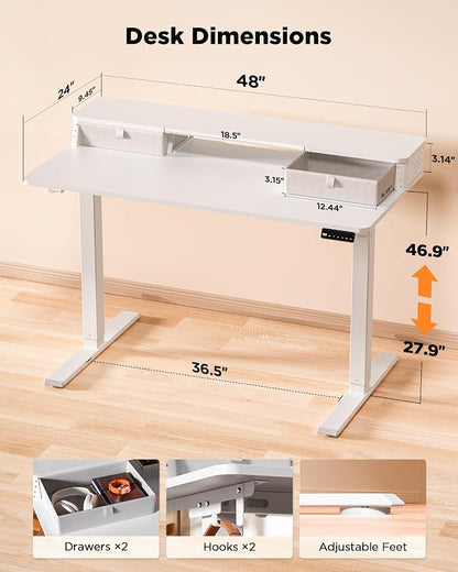FiCiHi 48x24 Inch Standing Desk with Drawers, C-Clamp Mount Compatible, Electric Adjustable Height Computer Stand Up Desks, Home Office Sit Stand Table with 3 Preset Heights, White