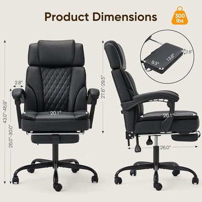 ECOTOUGE Executive Office Chair, Ergonomic Big and Tall Desk Chair with Adjustable Headrest,High PU Leather Comfy Heavy Duty Computer Chair with Foot Rest, Black