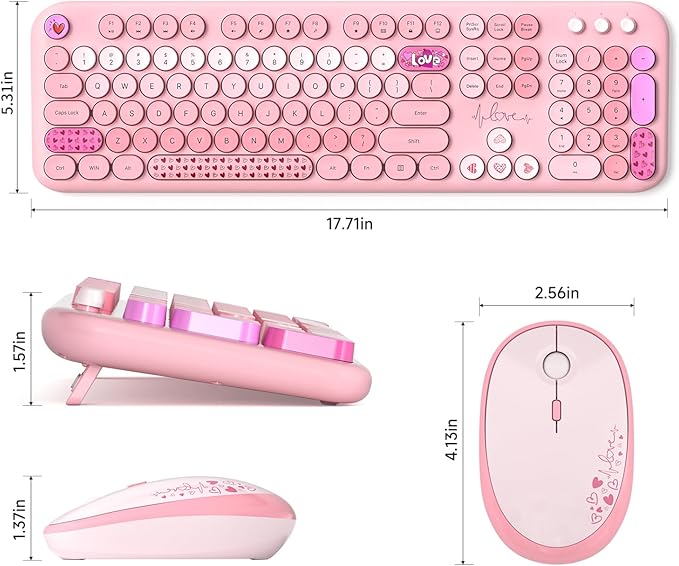 MOFII Wireless Keyboard and Mouse Combo, Cute Retro Typewriter Keyboard and Silent Mouse, 2.4GHz Full Size Computer Keyboard Wireless Mouse Set for PC, Laptop, Desktop, Windows (Pink Colorful)