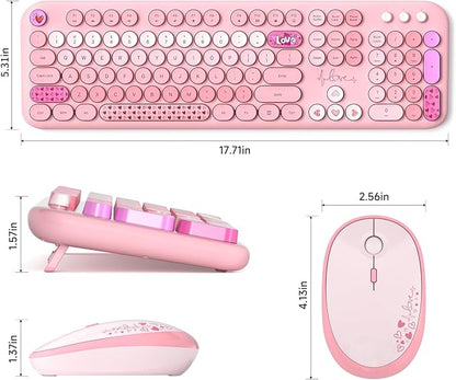 Dilter Wireless Keyboard and Mouse, Typewriter Full Size Keyboard with Number Pad and 2 in 1 USB Connected Mouse for Windows 7/8/10, Laptop, Desktop, PC, Computer (Pink Colorful)