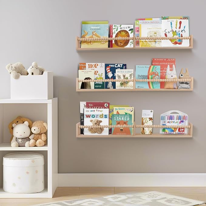 birola Nursery Book Shelves for Kids Rooms - 32 Inches Wall Book Shelves Set of 3, Space-Saving Nursery Shelves with Beads Design for Kids Room, Bedroom and Study Room(Natural)