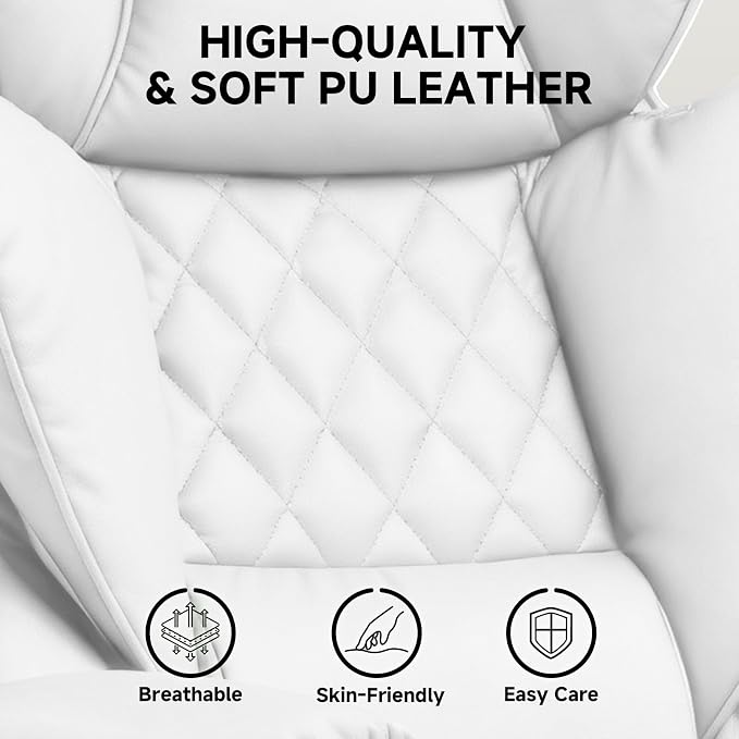 COMHOMA Big and Tall Gaming Chair with Pocket Spring Lumbar Support, Ergonomic Office Chair with Footrest, Executive Desk Chair with Outward Fixed Soft Armrests, Computer Chair with High Back, White