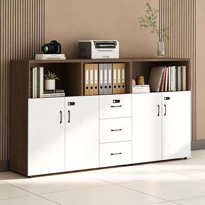 File Cabinet with Password Lock, Wood Lateral Filing Cabinet for Letter/A4 Files, 3 Drawer with Door, Printer Stand with Open Shelves for Home Office