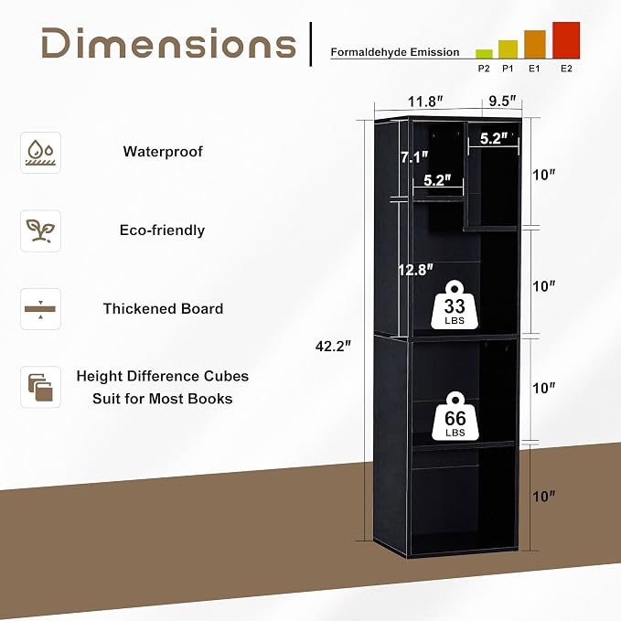 VECELO 4-Tier Slim Bookcase, Modern Storage Cabinet, Slim Bookshelf, Fits Tallest Hardcover, 5 Cubes, Vertical or Horizontal, Easy Assembly, Vintage Black