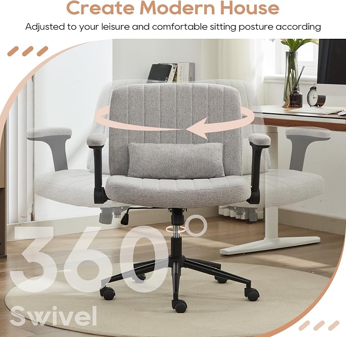 IPKIG Criss Cross Chair with Adjustable Flip-up Arms, Vanity Chair with Wheels, Comfy Desk Chair with Lumbar Pillow Swivel Wide Office Chair for Home Office, Bedroom (Linen, Grey)