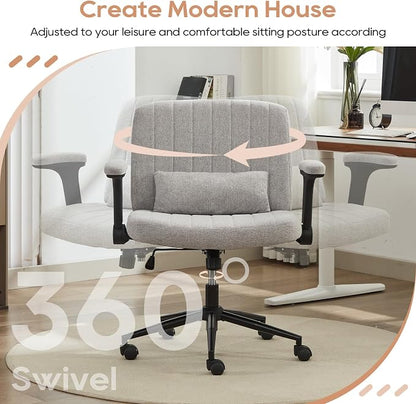 IPKIG Criss Cross Chair with Adjustable Flip-up Arms, Vanity Chair with Wheels, Comfy Desk Chair with Lumbar Pillow Swivel Wide Office Chair for Home Office, Bedroom (Linen, Grey)