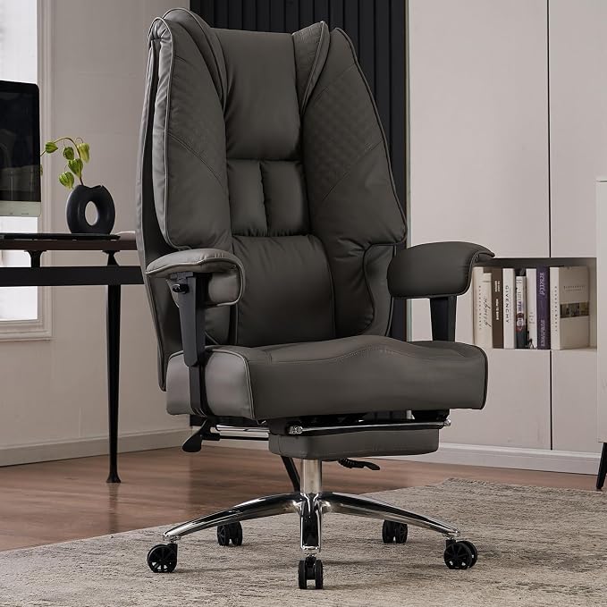 EXCEBET Big and Tall Office Chair 400lbs Wide Seat, Leather High Back Executive Office Chair with Foot Rest, Ergonomic Chairs Lumbar Support for Lower Back Pain Relief (Grey)
