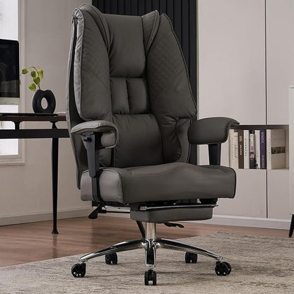 EXCEBET Big and Tall Office Chair 400lbs Wide Seat, Leather High Back Executive Office Chair with Foot Rest, Ergonomic Chairs Lumbar Support for Lower Back Pain Relief (Grey)
