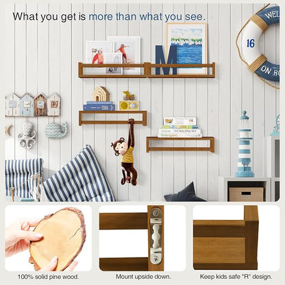 Forbena Dark Wood Nursery Kids Bookshelf Wall Mounted, Wooden Floating Nursery Book Shelves for Wall, Hanging Kids Bookshelves for Toddler Baby Room Bedroom Bathroom (Solid Pine, Walnut Brown, 4 Pack)