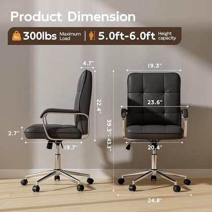 HomeZeer Black Office Chair, Mid Back Leather Desk Chair with Wheels and Padded Arms, Swivel Vanity Chair for Bedroom, Computer Chair for Study and Work