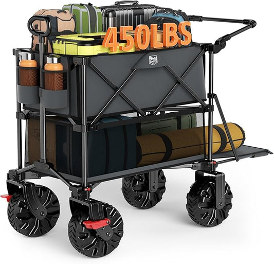 TIMBER RIDGE Push & Pull Double Decker Wagon, 400L Large Capacity Heavy Duty & 450lb Load, Collapsible Cart with All-Terrain Wheels & Brakes, 54” Extended Foldable for Sports, Beach, Camping, Grey