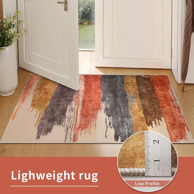 Ciicool Modern Abstract Area Rug 2x3 Washable Small Entryway Rug, Non-Slip Low Pile Throw Rugs, Foldable Kitchen Bathroom Rugs, Red Yellow Grey Floor Carpet for Entrance Bedroom Indoor Doormat