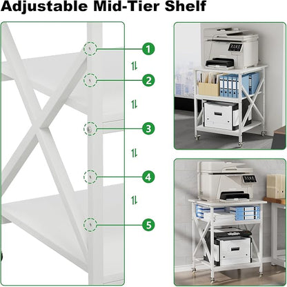 3 Tier Printer Stand, Large Table with Wheels, Rolling Cart with Height Adjustable Middle Storage Shelf, 23.6 x 23.6 x 30.3 Inches Shelf for Home Office, White