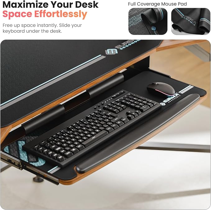 EUREKA ERGONOMIC 72" Gaming Desk W Keyboard Tray, Wing-Shaped Music Studio Desk, Large Computer Table W LED Convertible Monitor Stand Dual Headphone Hanger for Recording Live Streamer, Walnut Wood