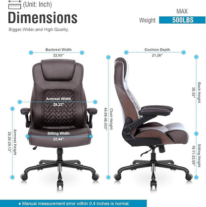 Flysky Executive Ergonomic Office Chair - Big and Tall Office Chair for Heavy People, PU Leather, Lumbar Support, Flip-up Armrest, High Back, Height Adjustable, Brown