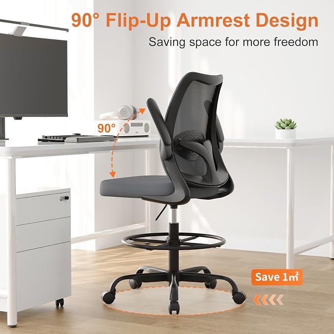 Tall Office Chair for Standing Desks,High Desk Drafting Chair with Adjustable Footrest Ring,Ergonomic Lumbar Support,Flip-Up Armrests for Home Office,Grey