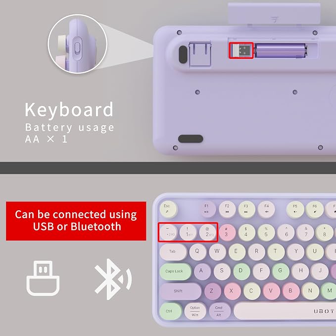 UBOTIE Dual Mode Colorful Wireless Keyboard, Bluetooth and USB Receiver Retro Typewriter Round Keycaps Keyboard Support Multi Devices for PC Laptop Tablet Phones(Purple Colorful)