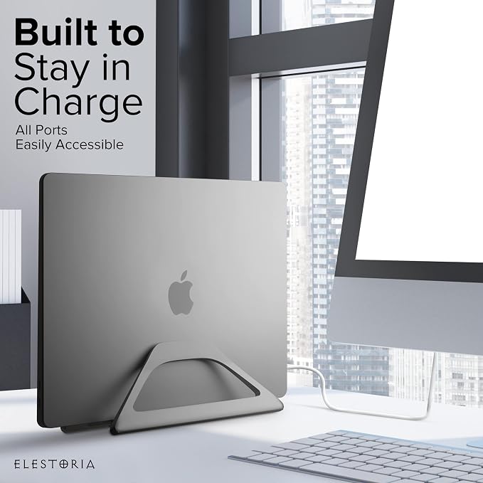 Elestoria Aluminum Vertical Laptop Stand with Gravity Auto-Lock – Adjustable Laptop Holder Vertical fits MacBook Pro/Air, Chromebook & Gaming Laptops up to 17.3" – Space-Saving Desktop Dock - Grey