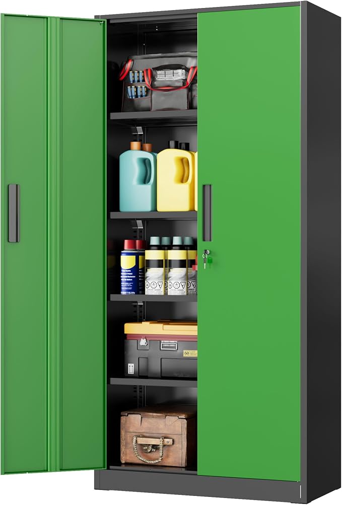 INTERGREAT Storage Cabinet with Doors and Shelves, Metal Garage Storage Cabinets with Lock, Black Lockable Steel Supply Cabinet for Home Office, Warehouse (Black Green)