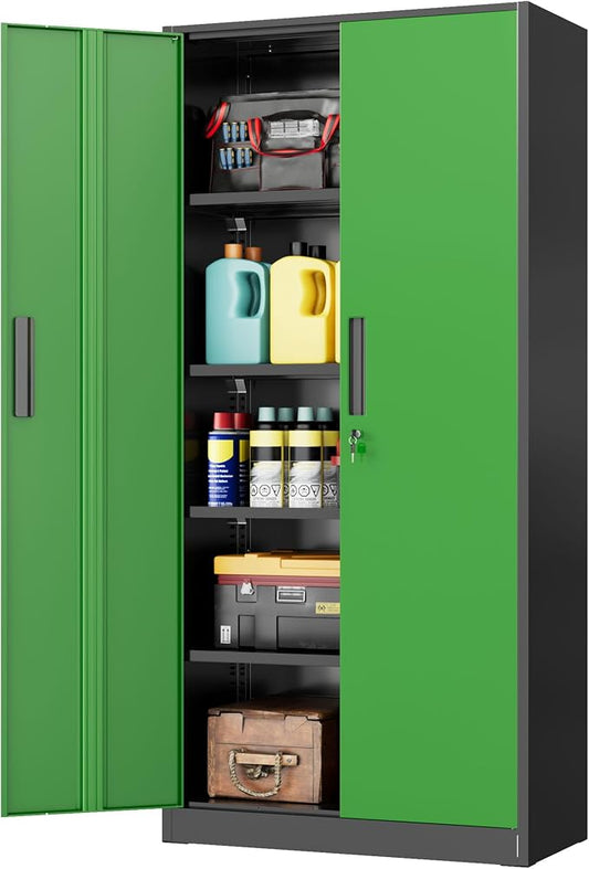 INTERGREAT Storage Cabinet with Doors and Shelves, Metal Garage Storage Cabinets with Lock, Black Lockable Steel Supply Cabinet for Home Office, Warehouse (Black Green)