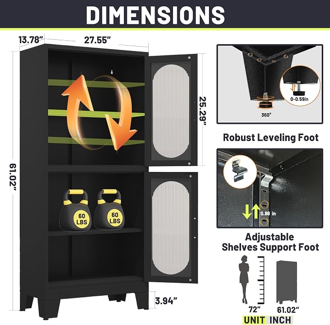 PAOFIN 61" Black Pantry Storage Cabinet, Kitchen Pantry Cabinet with Acrylic Glass Doors and Shelves, with Adjustable Leveling Foot for Kitchen, Living Room and Dining Room. 61"