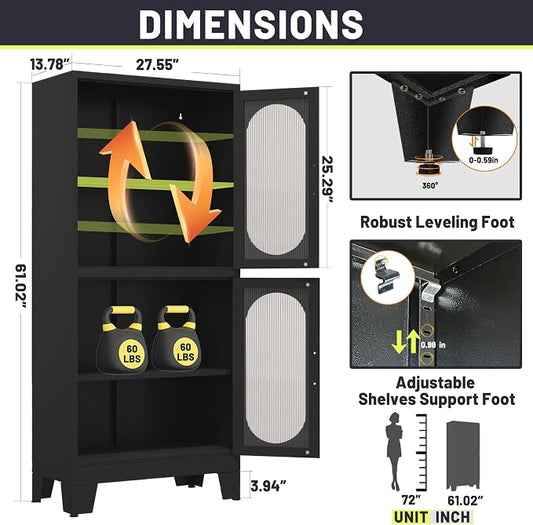 PAOFIN 61" Black Pantry Storage Cabinet, Kitchen Pantry Cabinet with Acrylic Glass Doors and Shelves, with Adjustable Leveling Foot for Kitchen, Living Room and Dining Room. 61"
