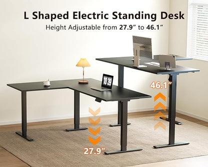 Casaottima 63 Inch Reversible L Shaped Electric Standing Desk, Ergonomic Height Adjustable Desk, Large Lift Corner Stand up Table for Workstation, Home Office, Reception Room, Black