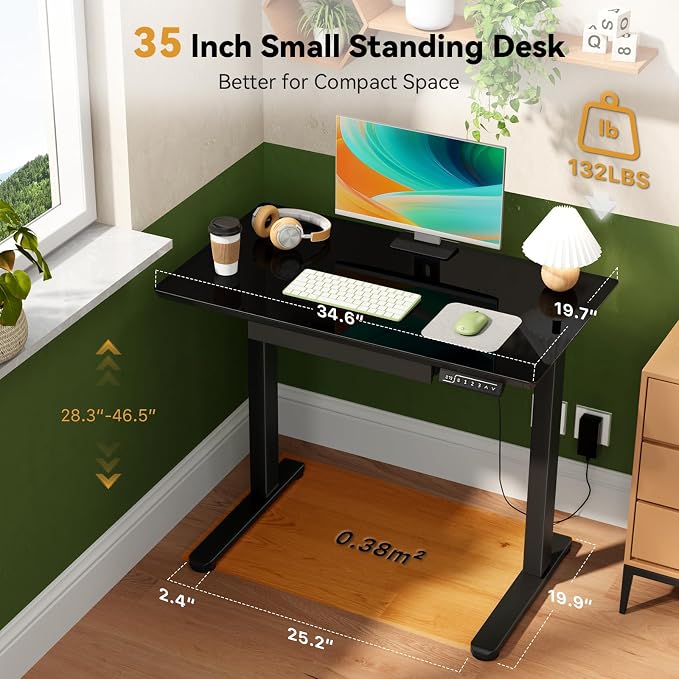 Gibbon Mounts Glass Standing Desk with Drawer, Electric Sit Stand Desk with Wheels, 35×20Inch Whole Piece Height Adjustable Rising Table, Small Computer Workstation, Black