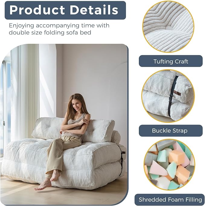 MAXYOYO Folding Sofa Bed, Convertible Chair with Pilow, Portable Fold Out Chair Bed with Back Support Comfy Floor Sofa Lounge for Living Room Bedroom, Beige, Double